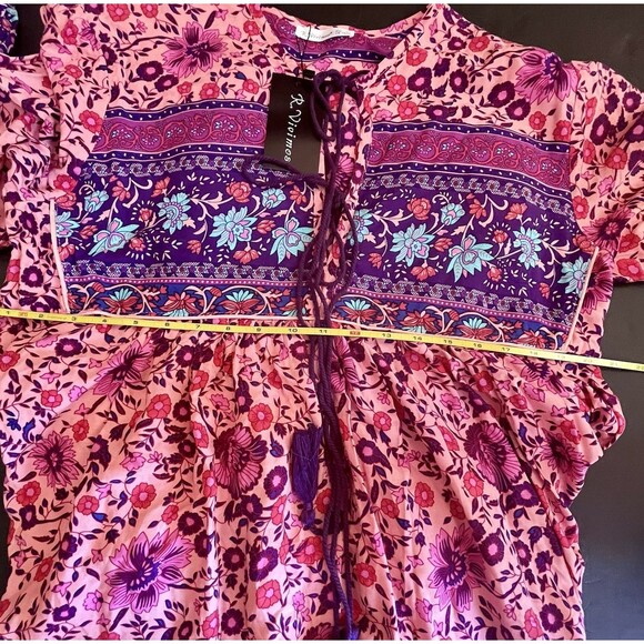NWT R Vioimas Boho Puff Longsleeve Floral Print Maxi Dress Womens L Pink Purple - Picture 10 of 10
